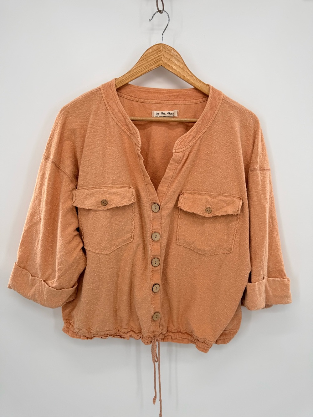 We The Free Cropped Button-Front Terry Drawstring Blouse in Rust - Picture 2 of 8